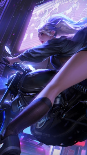 K/DA Akali riding a motorcycle in a neon city