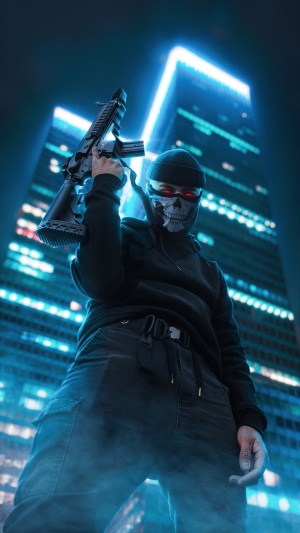 Man in skull mask holding rifle in front of skyscrapers