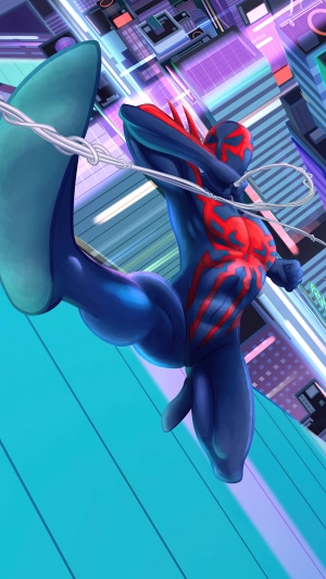 Spider-Man 2099 swinging through a futuristic city