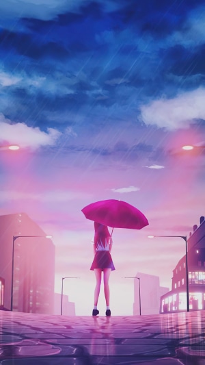 Girl with Umbrella in Rainy City