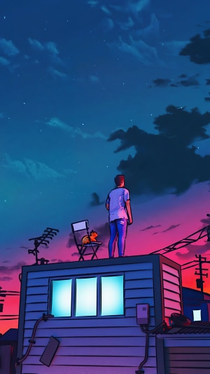 Man and cat on rooftop at sunset