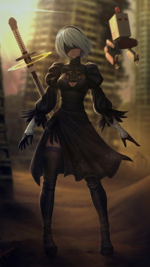 2B from NieR: Automata with Pod in a ruined city