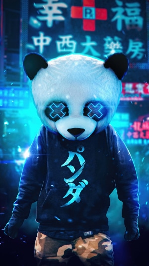 Panda mask artwork with Japanese text