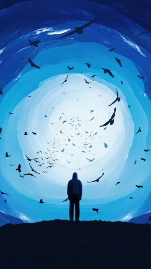 Man in hoodie surrounded by birds in blue tunnel