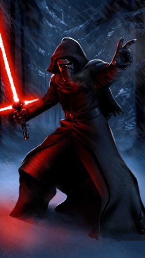 Kylo Ren with red lightsaber in forest