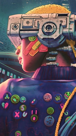 Cyberpunk character with VR headset and badges