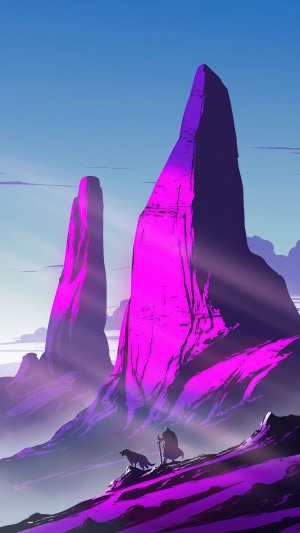 Warrior and wolf on purple mountains