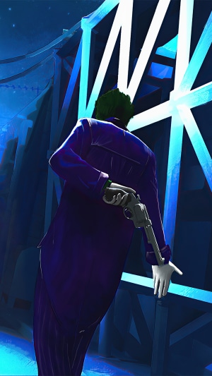 Joker holding a gun behind his back