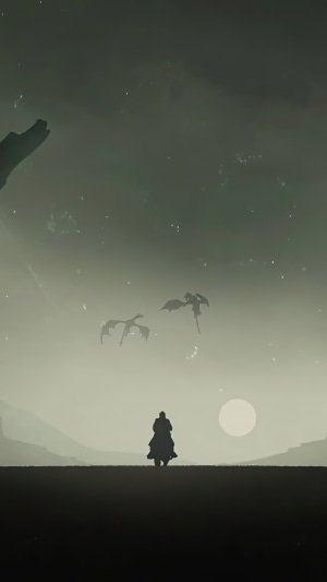 Silhouette of a person on horseback with dragons flying in the sky