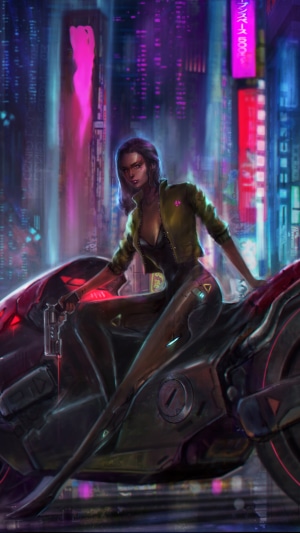 Cyberpunk woman with gun on motorcycle in neon city