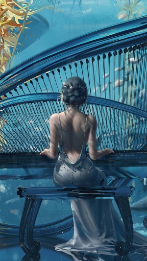 Woman playing a piano underwater with fish