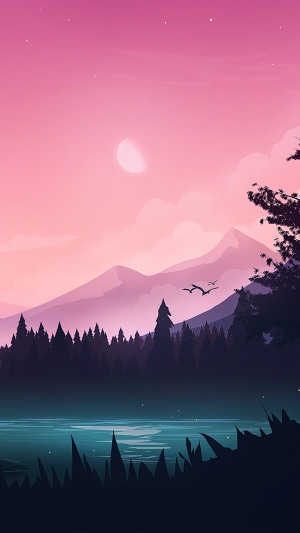 Minimalist digital art of a lake and mountains at sunset
