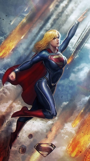 Supergirl flying amidst meteors