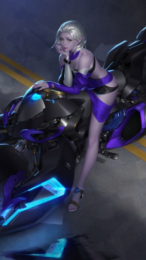 Elf woman with purple outfit on a futuristic motorcycle