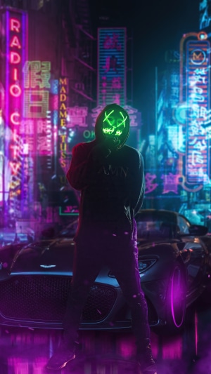 Person in a neon mask and hoodie in a cyberpunk city