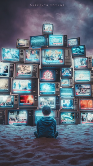 Boy watching a wall of televisions
