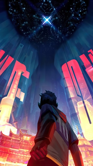 Artwork of a person looking up at a starry sky above a futuristic city