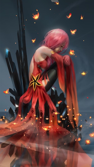Girl in red dress with pink hair and butterflies
