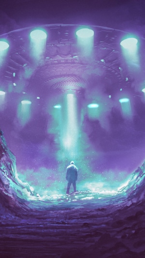 Man standing under a UFO with purple and teal lights