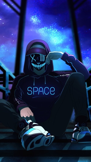 Person wearing a mask and hoodie with "SPACE" text