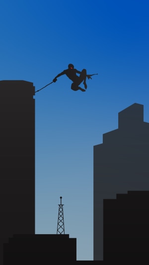 Minimalist Spiderman jumping between buildings