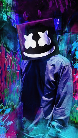 Marshmello wearing a mask with devil horns