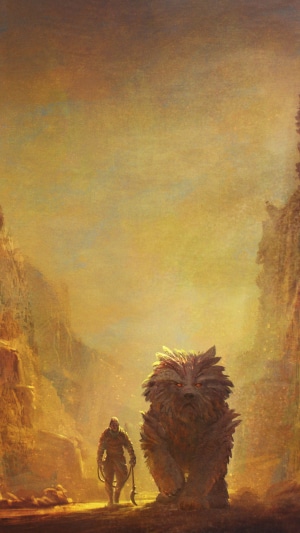 Man and creature in a canyon