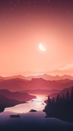 Minimalist mountain landscape with moon and stars
