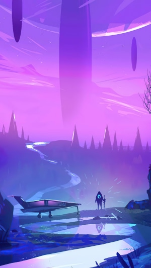 Alien landscape with futuristic aircraft and astronaut
