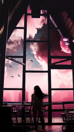 Digital Art of a Woman Looking Out a Large Window