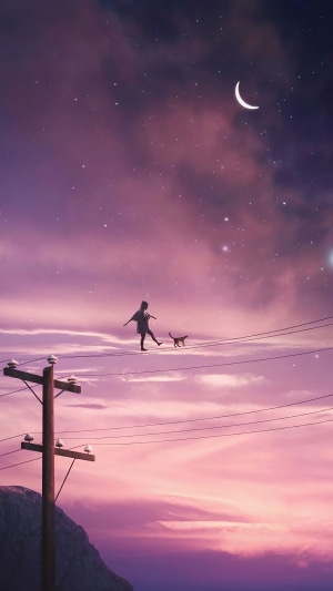 Girl and cat on power lines under starry sky