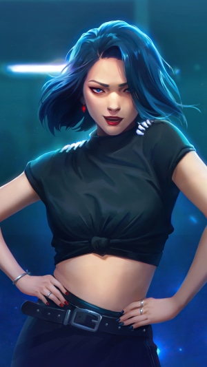 Woman with blue hair and red earrings