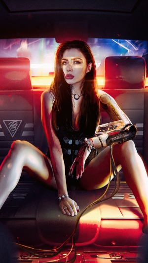 Cyborg woman in a futuristic vehicle