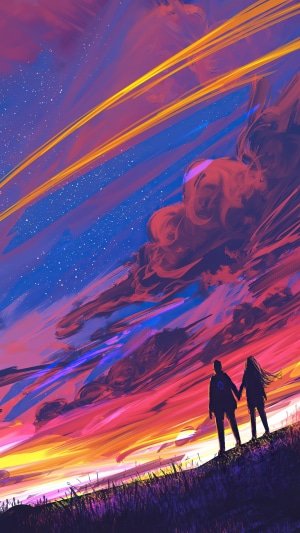 Couple holding hands watching colorful sky artwork