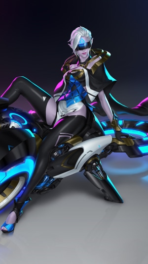 Artwork of a woman on a futuristic motorcycle