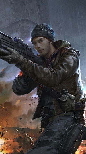 Man with rifle in a war-torn city