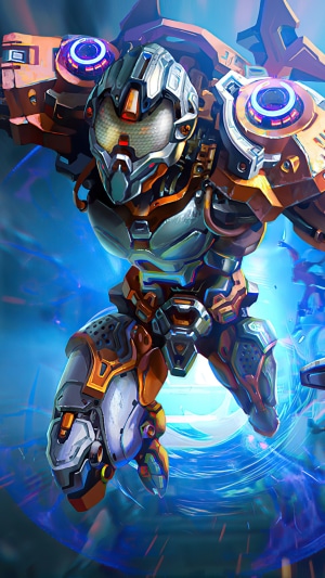 Artwork of a cyborg in orange and silver armor