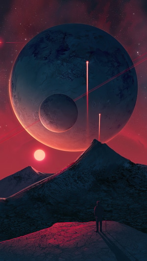 Alien landscape with planets and mountains