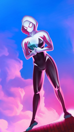 Gwen Stacy as Spider-Gwen using a smartphone