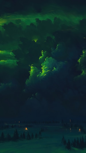 Digital art of aurora over a landscape