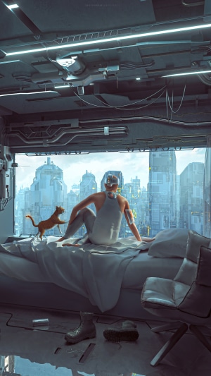 Sci-fi scene with a person and a cat overlooking a futuristic city