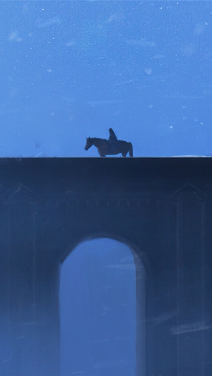 A lone rider on a horse crosses a bridge at night