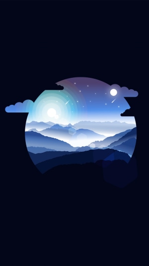 Minimalist digital art of mountains at night