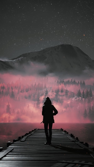 Person on a dock overlooking a misty forest at night