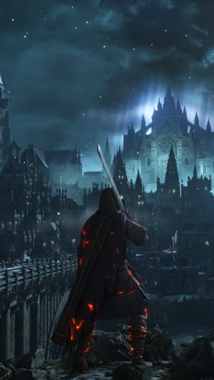Man with sword in dark fantasy city