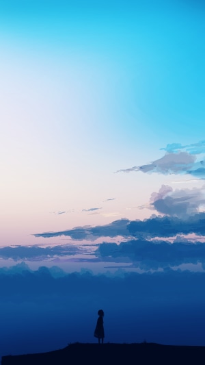 Artwork of a lone figure against a sunset sky