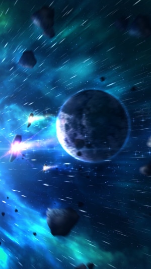 Digital art of a planet in a nebula with asteroids