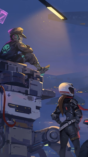 Two characters in a futuristic city at night