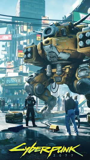 Cyberpunk 2077 mech and people in city