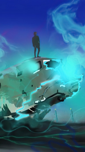 Silhouette of a person standing on a glowing alien structure